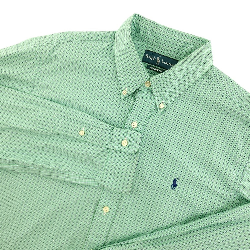 Ralph Lauren Shirt Mens L Green‎ Check Long Sleeve Button Down Slim Fit Cotton